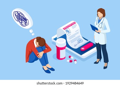 Isometric Depressed women. Online psychotherapy. Psychology, health, care, depression, frustration, medicine concept. Psyhology mental problems, depression panic attacks, paranoia anger control