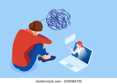 Isometric Depressed women. Online psychotherapy. Psychology, health, care, depression, frustration, medicine concept. Psyhology mental problems, depression panic attacks, paranoia anger control