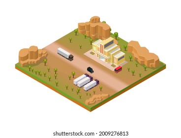 Isometric desert area with truck and store building