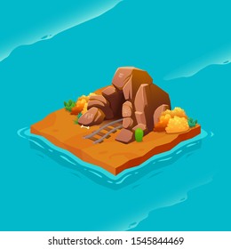 Isometric desert island with cave. Vector cartoon illustration for computer games. the desert with copper mine