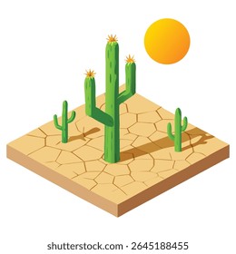 Isometric desert landscape with cactus plants and sun illustration for graphic design projects