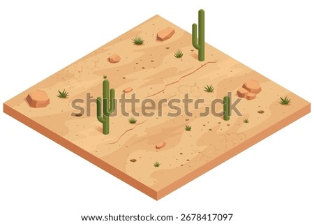 Isometric desert landscape with sand, cacti, rocks, and plants. Concept of migration route, survival, and natural environment.