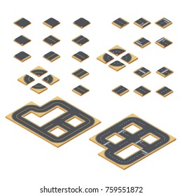 Isometric desert road set. Road elements constructor. 