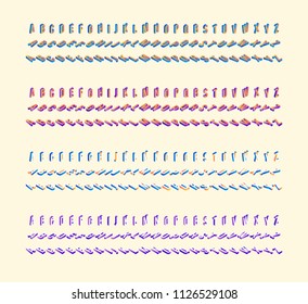 Isometric design alphabet set with gradient coloring - geometric headline letters in different directions. Isolated vector illustration of volumetric colorful decorative latin font.