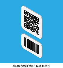 Isometric design barcode and qr code icon. 3D barcode label set sticker. Vector illustration isolated on color background. 