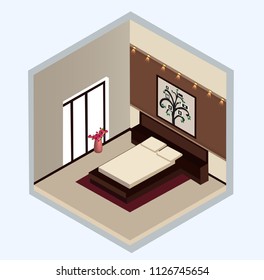 Isometric design of Bedroom interior with illustration of bed, flower pot and scenery.
