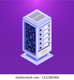 Isometric Design Of Big Data Center Base On Bright Purple Background