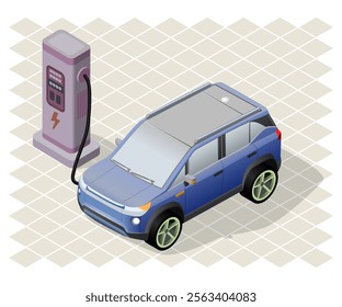 Isometric design of a blue SUV electric vehicle at a charging station. Sleek and professional style, ideal for business presentations, reports, or automotive advertisements.