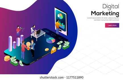Isometric design with business people analysing data, boy holding megaphone for advertising with info chart and coin stacks on smartphone screen, web template for Digital Marketing concept.