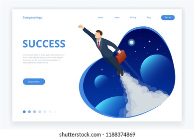 Isometric design for business startup web banner. Start up. Income and success. Digital transformation. Technology Future. Businessman in space, concept for creativity, imagination, innovation