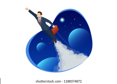 Isometric design for business startup web banner. Start up. Income and success. Digital transformation. Technology Future. Businessman in space, concept for creativity, imagination, innovation