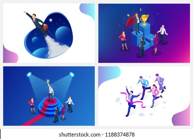 Isometric design for business startup web banner. Start up. Income and success. Digital transformation. Technology Future. Businessman in space, concept for creativity, imagination, innovation Isometric design for business startup web banner. Start up. Income and success. Digital transformation. Technology Future. Businessman in space, concept for creativity, imagination, innovation