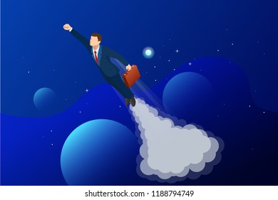 Isometric design for business startup web banner. Start up. Income and success. Digital transformation. Technology Future. Businessman in space, concept for creativity, imagination, innovation