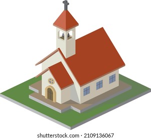 Diseño isométrico de la iglesia o la capilla con campana encima del edificio.