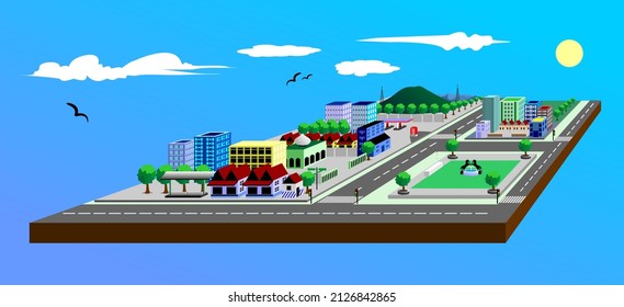 isometric design of the city blends with nature, vector illustration