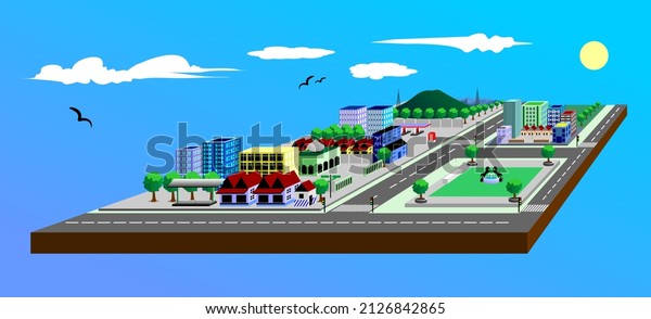 isometric design of the city blends with\
nature, vector\
illustration