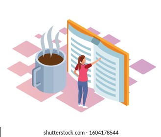 isometric design of coffee mug and woman standing pointing a big book over white background, vector illustration