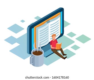 isometric design of computer, coffee mug and man sitting and reading a book over white background, vector illustration