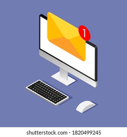 Isometric design of computer with envelope and document on a dispaly. Getting or send new letter. E-mail, email marketing, internet advertising concepts in trendy style. Vector illustration.