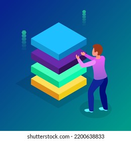 Isometric design concept business analytics with people making various graphs and diagrams
