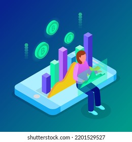 Isometric design concept business analytics with people making various graphs and diagrams