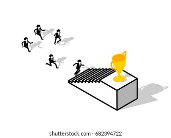 isometric design concept of business man running up stair to trophy, business man pursuit to success goal