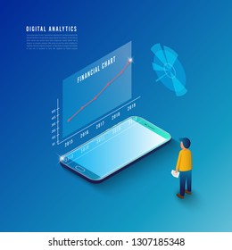 Isometric design concept business strategy. 3d isometric flat design. Analysis data and Investment. Business success. Financial review with smartphone and infographic elements. Vector illustration