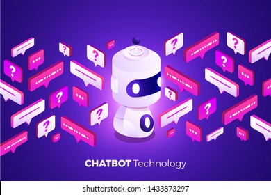 Isometric design concept chat bot technology. Artificial intelligence machine chatting message by machine learning. Vector illustrate.