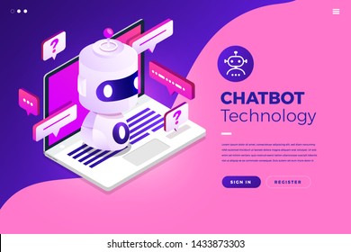 Isometric design concept chat bot technology. Artificial intelligence machine chatting message by machine learning. Vector illustrate.