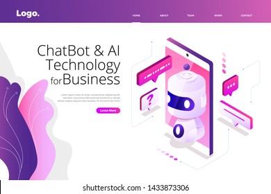 Concepto isométrico de la tecnología de bots de chat. Máquina de inteligencia artificial chateando mensajes por aprendizaje automático. Vector ilustrado.