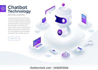 Isometric design concept chat bot technology. Artificial intelligence machine chatting message by machine learning. Vector illustrate.