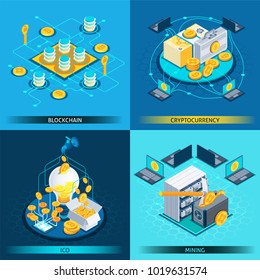 Isometric design concept with cryptocurrency, blockchain, ico and mining isolated on blue background vector illustration