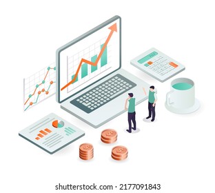 Isometric design concept data analysis of business development and earnings