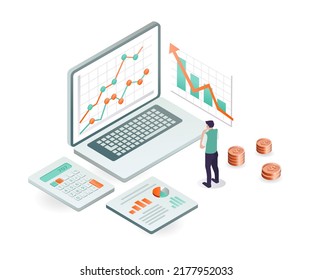 Isometric design concept data analysis of business development and earnings