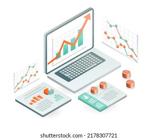Isometric design concept data analysis of business development and earnings