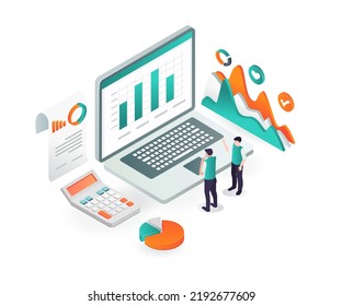 Isometric design concept data analysis of business development and earnings	