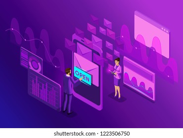 Isometric design concept Email Inbox Electronic Communication. E-mail marketing. Vector illustration.