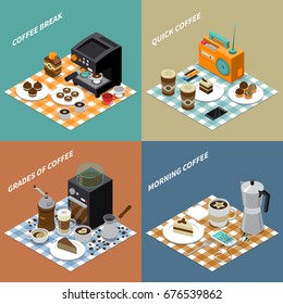 Isometric design concept with grains drinks and sweets coffee maker grinder smartphone and radio isolated vector illustration   