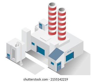 Isométrica ilustración de concepto de diseño. construcción de fábricas con chimenea