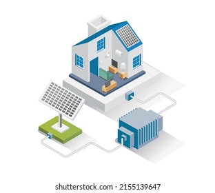 Isometric design concept illustration. house with solar energy storage panels