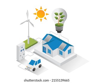 Isometric design concept illustration. house with solar panels electric car