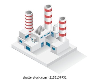 Isometrisches Design Concept Illustration. Industriegebäude mit Kaminen mit Solarpaneelen