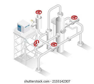 Isometric design concept illustration. industrial pipe factory for oil and gas