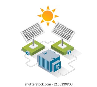 Isometric design concept illustration. solar panels with energy storage