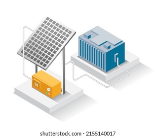 Isometric design concept illustration. solar panel energy storage