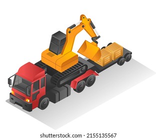 Isometric design concept illustration. truck transporting backhoe