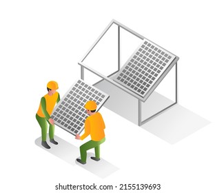 Isométrica ilustración de concepto de diseño. dos hombres instalando paneles solares