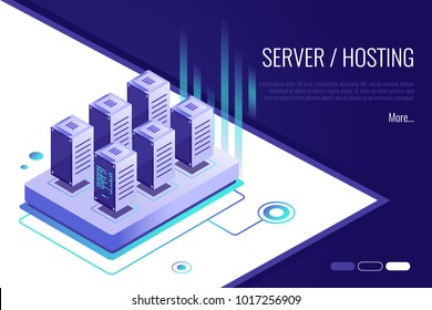 Isometric Design Concept Of Landing Page Suggesting To Buy Or Rent A Servers And Hosting.Header For Website.