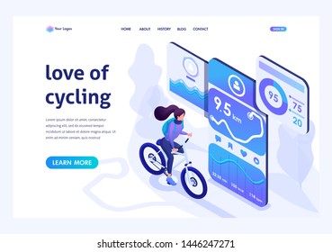 Isometric design concept for the landing page on the subject like riding a bike, Cycling with a mobile app. For advertising concepts and web design