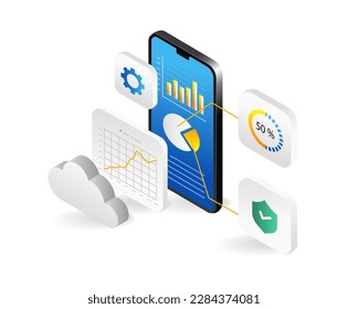 Concepto de diseño isométrico de desarrollo de aplicaciones móviles, computación en nube, análisis de big data. Ilustración del vector